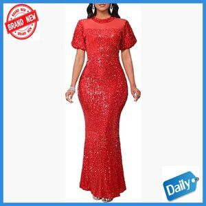 Sequins Mermaid Maxi Dress Puff Sleeve Mesh Neckline Formal Prom Gown